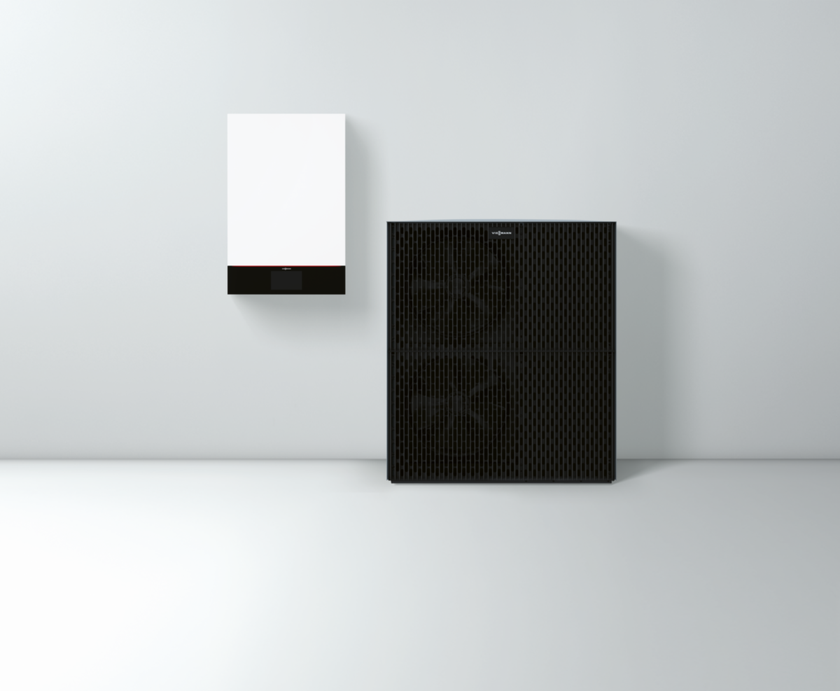 Produktdarstellung der Viessmann Vitocal 250-A mit Innen- und Außeneinheit