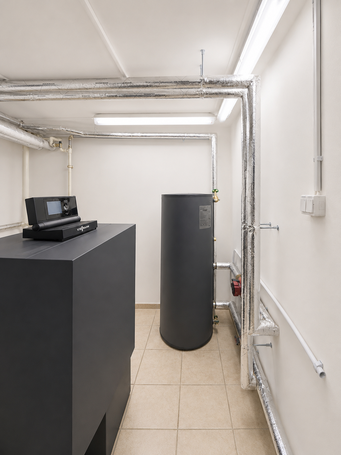 Viessmann Vitoladens 300-C mit Speicher und gedämmten Rohrleitungen